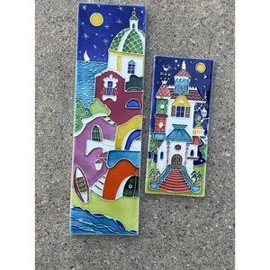 Vtg Creazioni Luciano Medium HandPainted Italian Pottery Wall Tiles Plaque 2 Pc